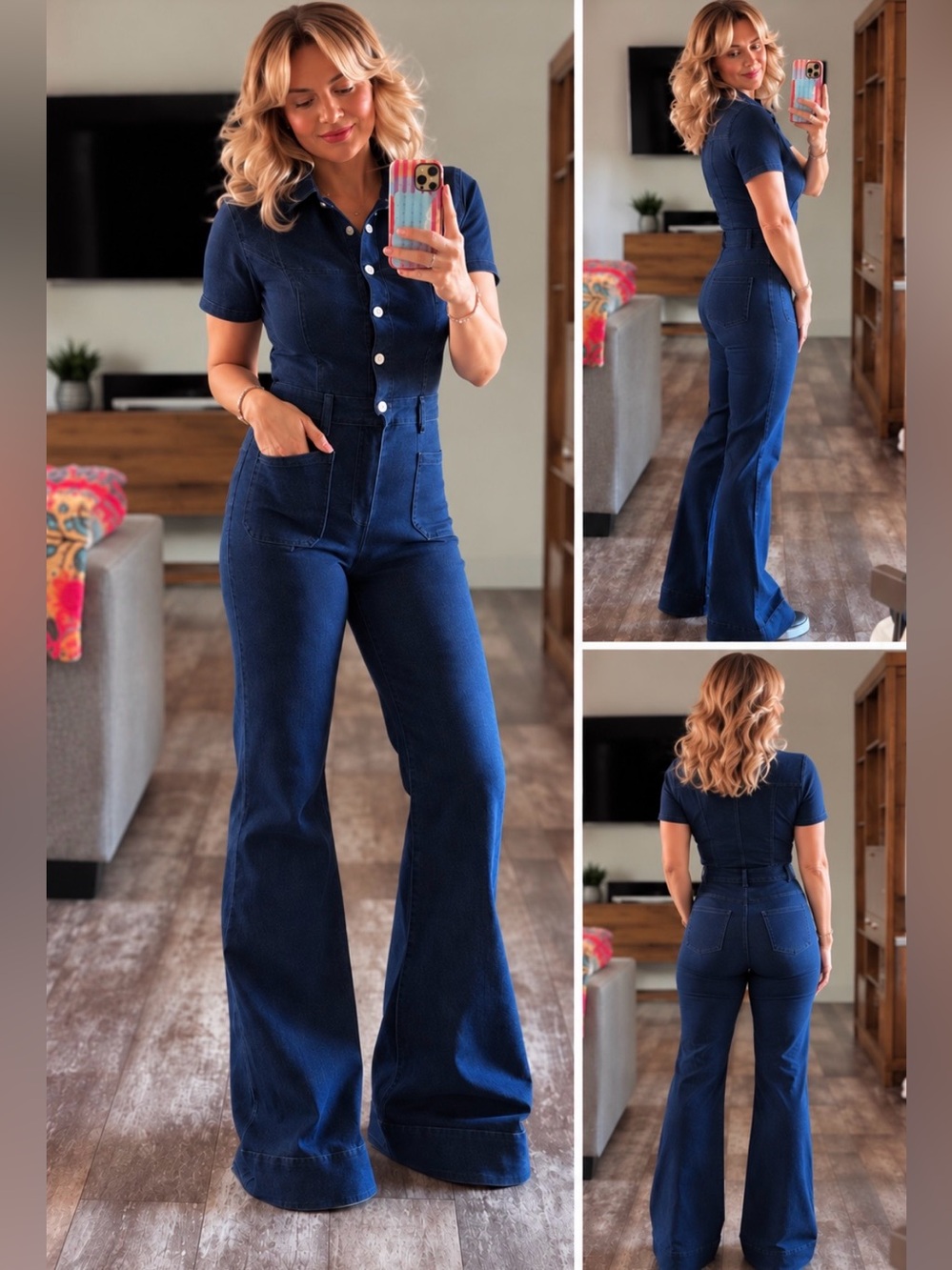 Dark Wash Denim Flare Jumpsuit Button Front Pockets – NWT